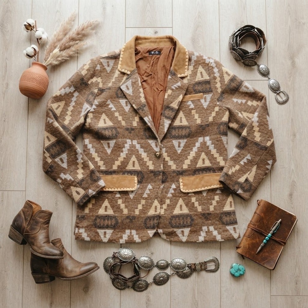 Miss Me Southwestern Tribal Aztec Blazer Brown Faux Suede Trim XL MJ0716L